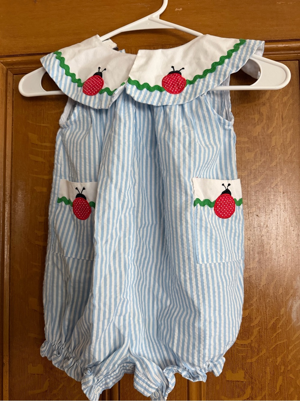 Blue & White Striped Baby Bubble Romper with ladybug Appliqués